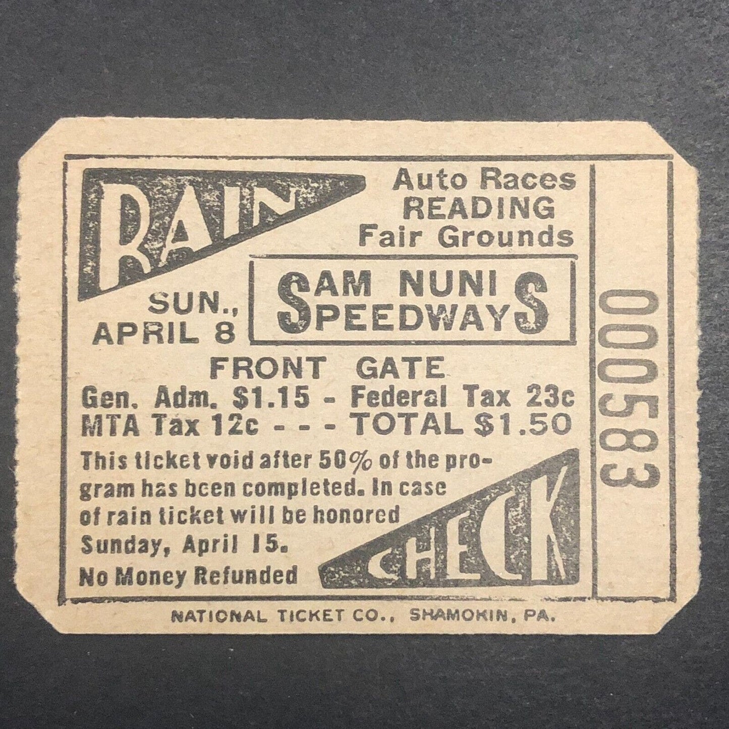 Sam Nunis Speedway Reading Auto Racing Rain Check Ticket 4/8 1951 Schindler
