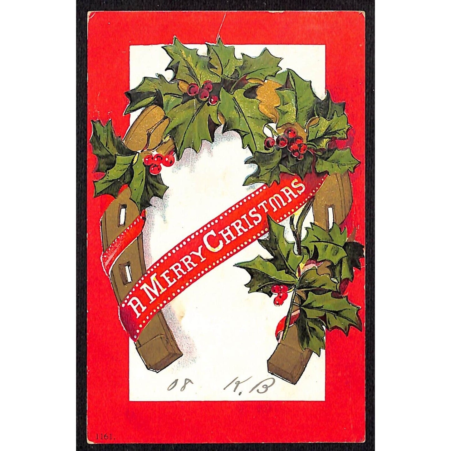 A Merry Christmas Postcard Horseshoe Holly Embossed PM 1908