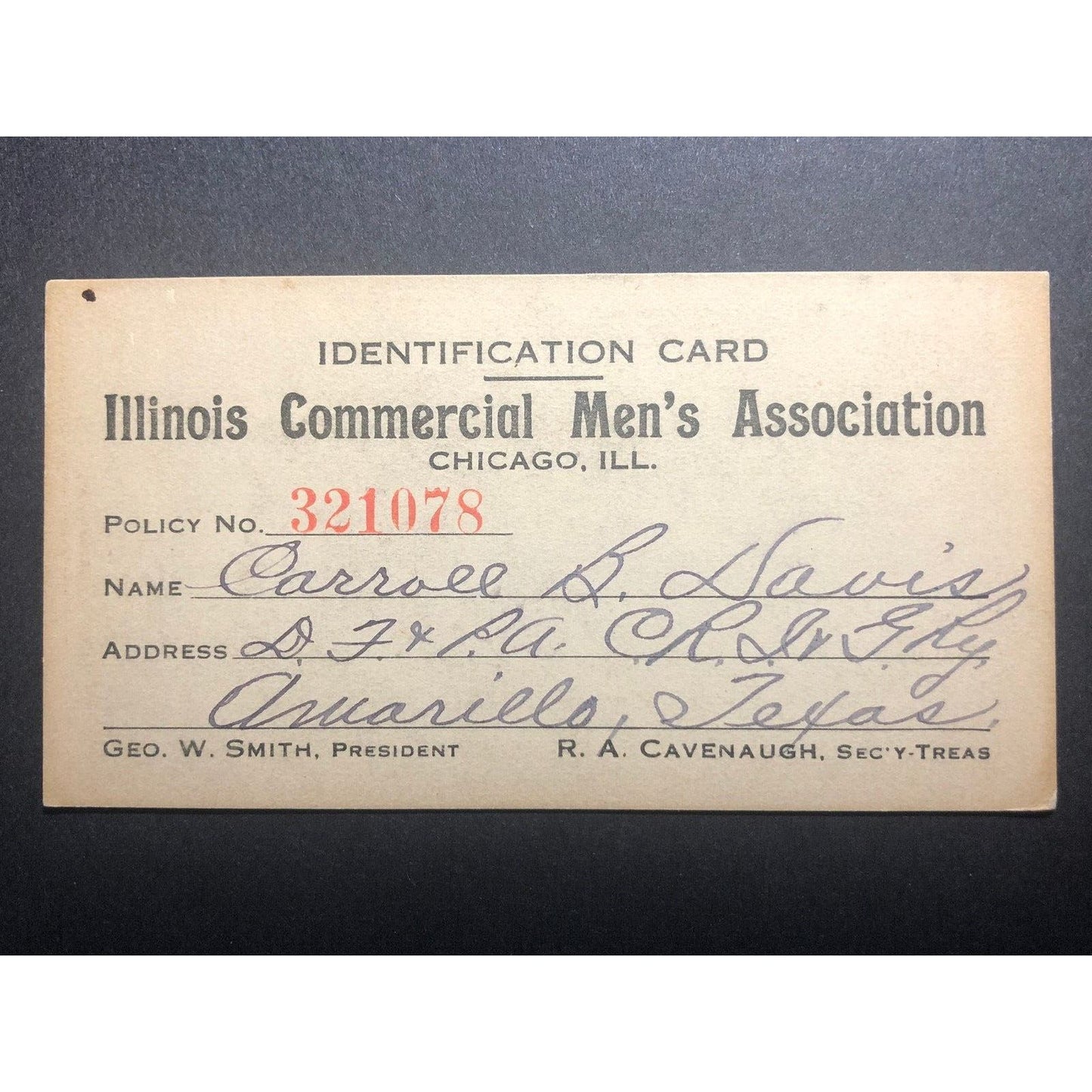Illinois Commercial Men's Association Chicago ID Card c1910-15