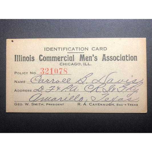 Illinois Commercial Men's Association Chicago ID Card c1910-15