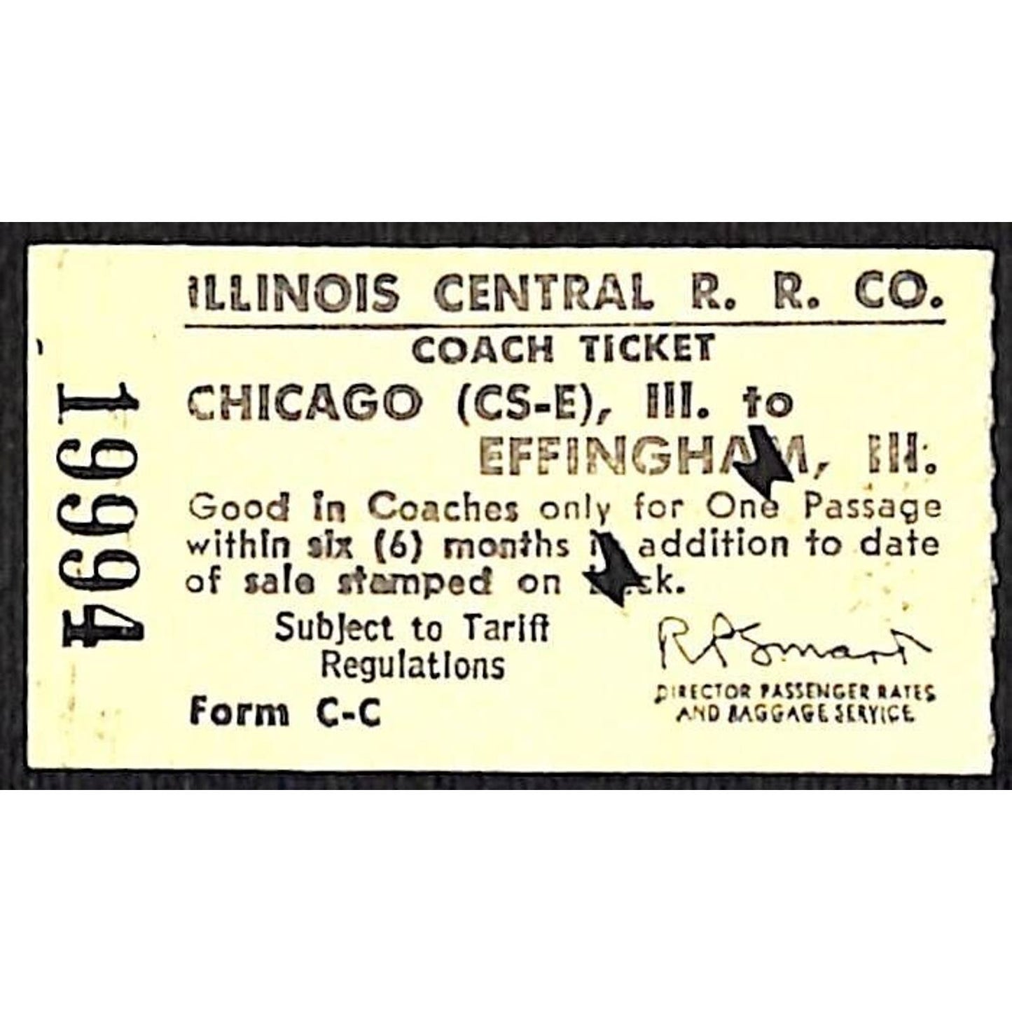 Illinois Central Railroad Ticket Chicago to Effingham c1970's #19994