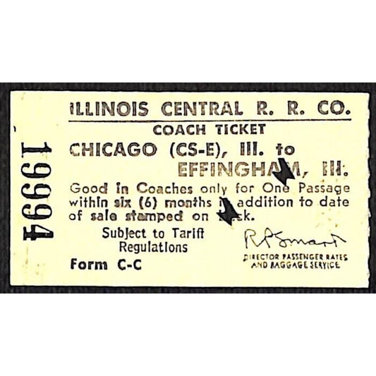 Illinois Central Railroad Ticket Chicago to Effingham c1970's #19994