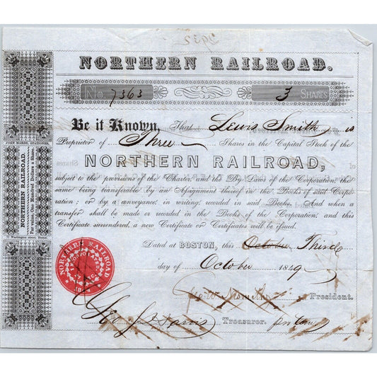 1849 Boston, MA Northern Railroad Stock Certificate No. 7363 for 3 Share