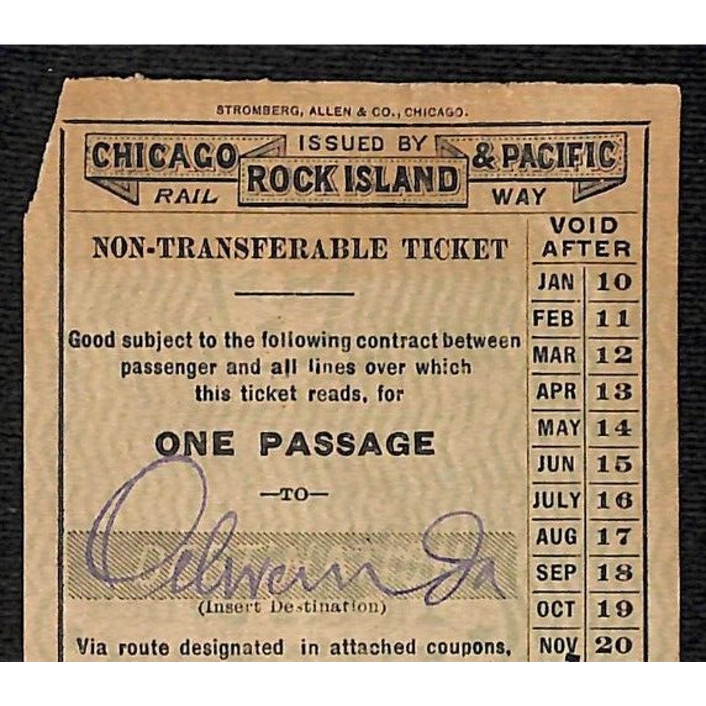 1925 Chicago Rock Island & Pacific Railway Railroad Ticket "Clarion to"