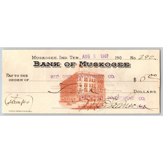 Muskogee, OK 1907 Indian Territory "Bank of Muskogee" Check w/ Vignette - Scarce