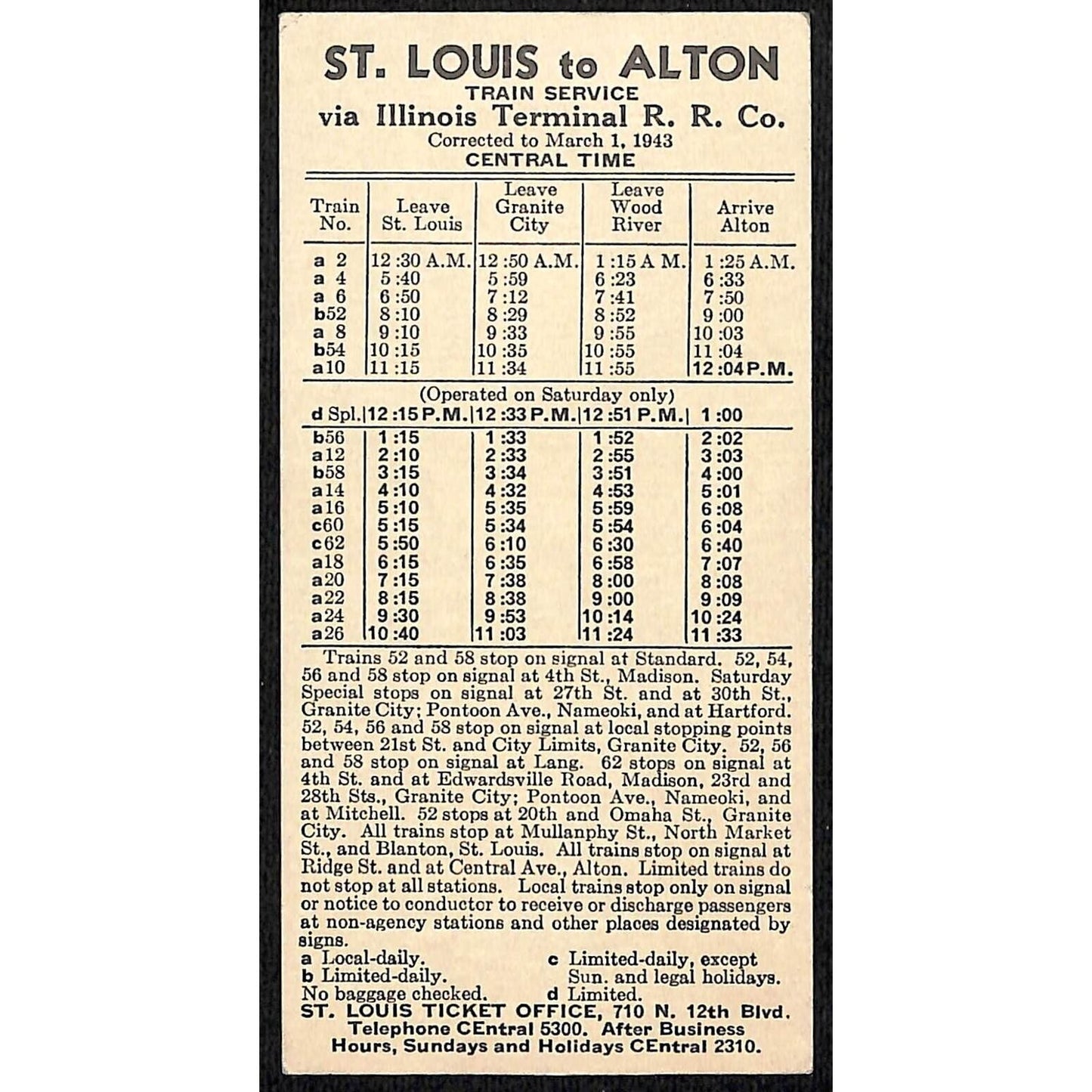 Illinois Terminal Railroad Co. 3/1 1943 Train Schedule Card Alton St. Louis VGC