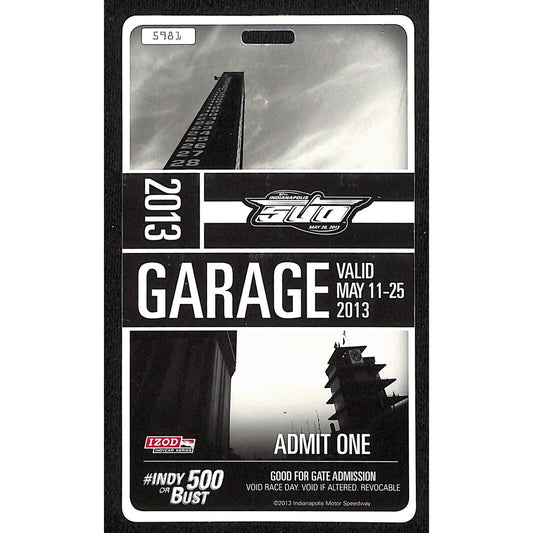 2013 Indy 500 Garage Access Ticket Pass Indianapolis IMS #5981 VGC