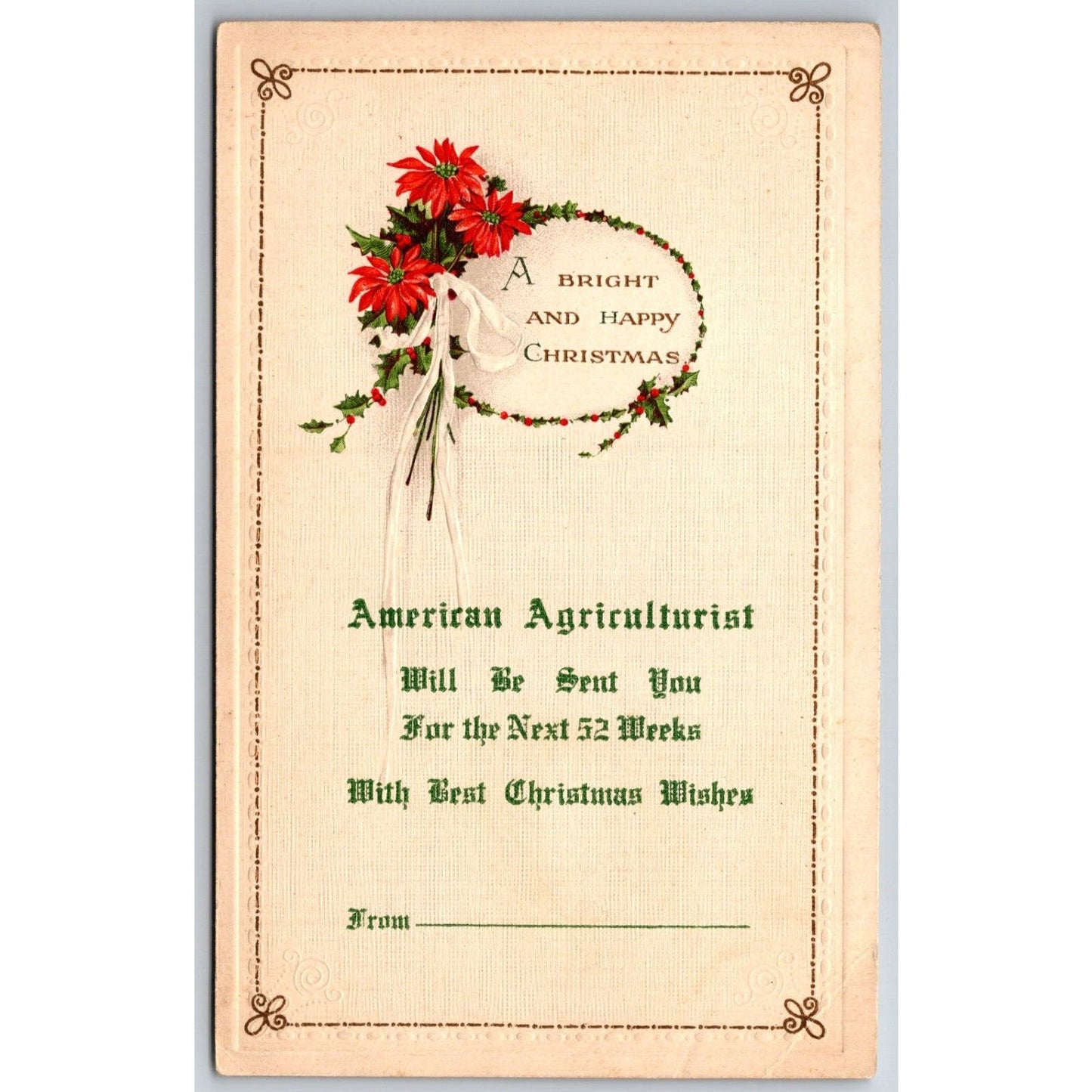 American Agriculturist Christmas Gift Subscription Linen Postcard c1930's-40's
