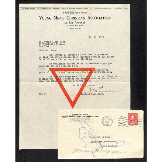 YMCA Hope Street Los Angeles 1919 TLS Letterhead and Cover VGC