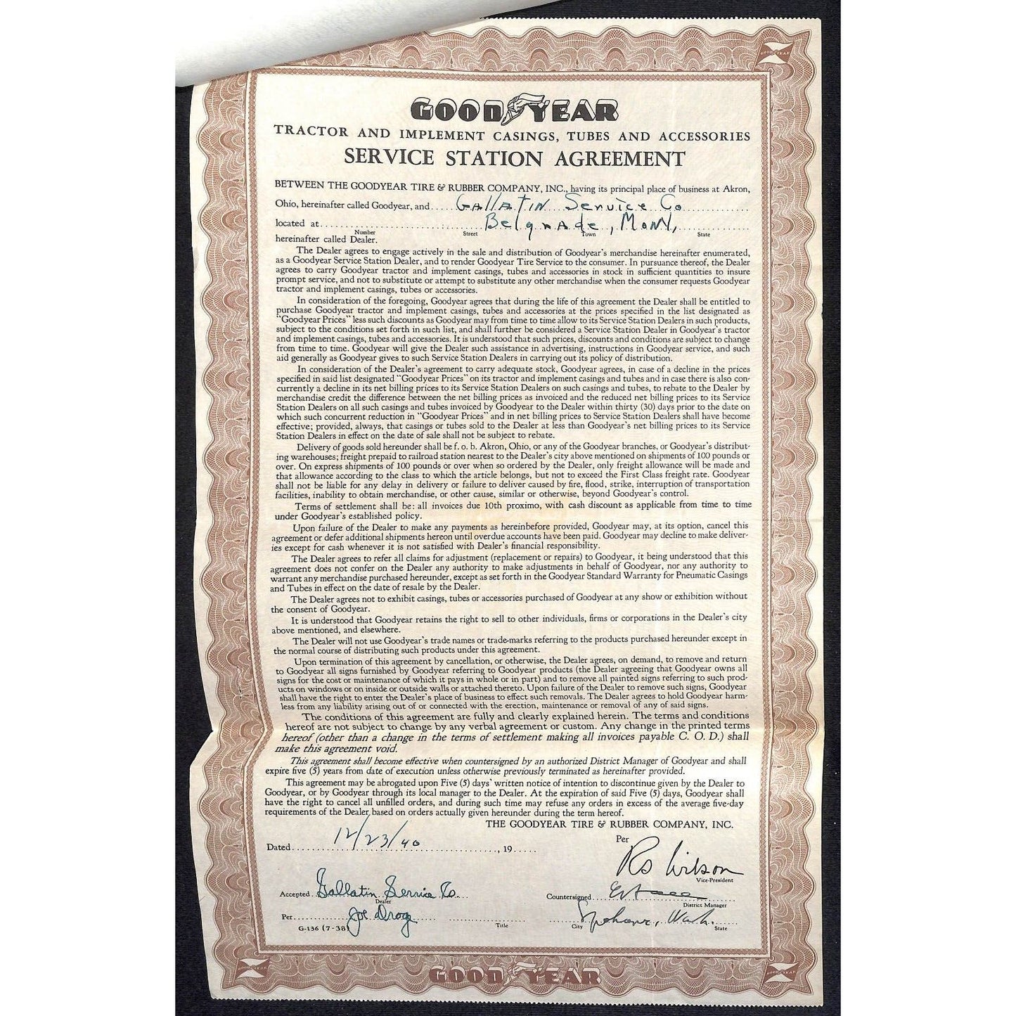 Belgrade, MT Gallatin Service 1941 Goodyear Tire Service Station Agreement Cert+
