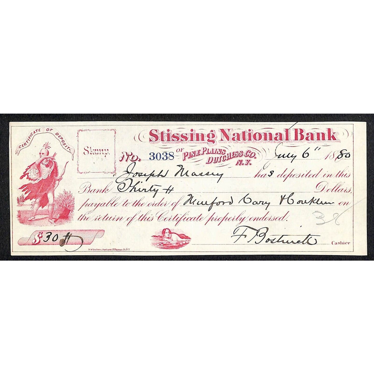Pine Plains, NY Dutchess County Stissing National Bank Check $30 1880