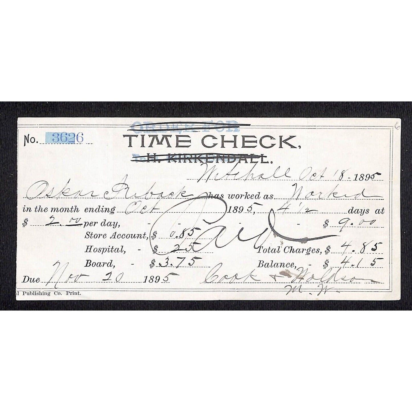 Bank of Helena Pay less 1895 Company Store, Hospital & Board Time Check Receipt