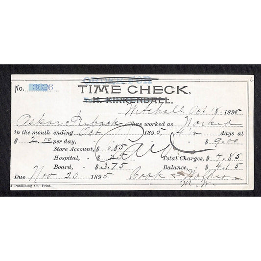 Bank of Helena Pay less 1895 Company Store, Hospital & Board Time Check Receipt