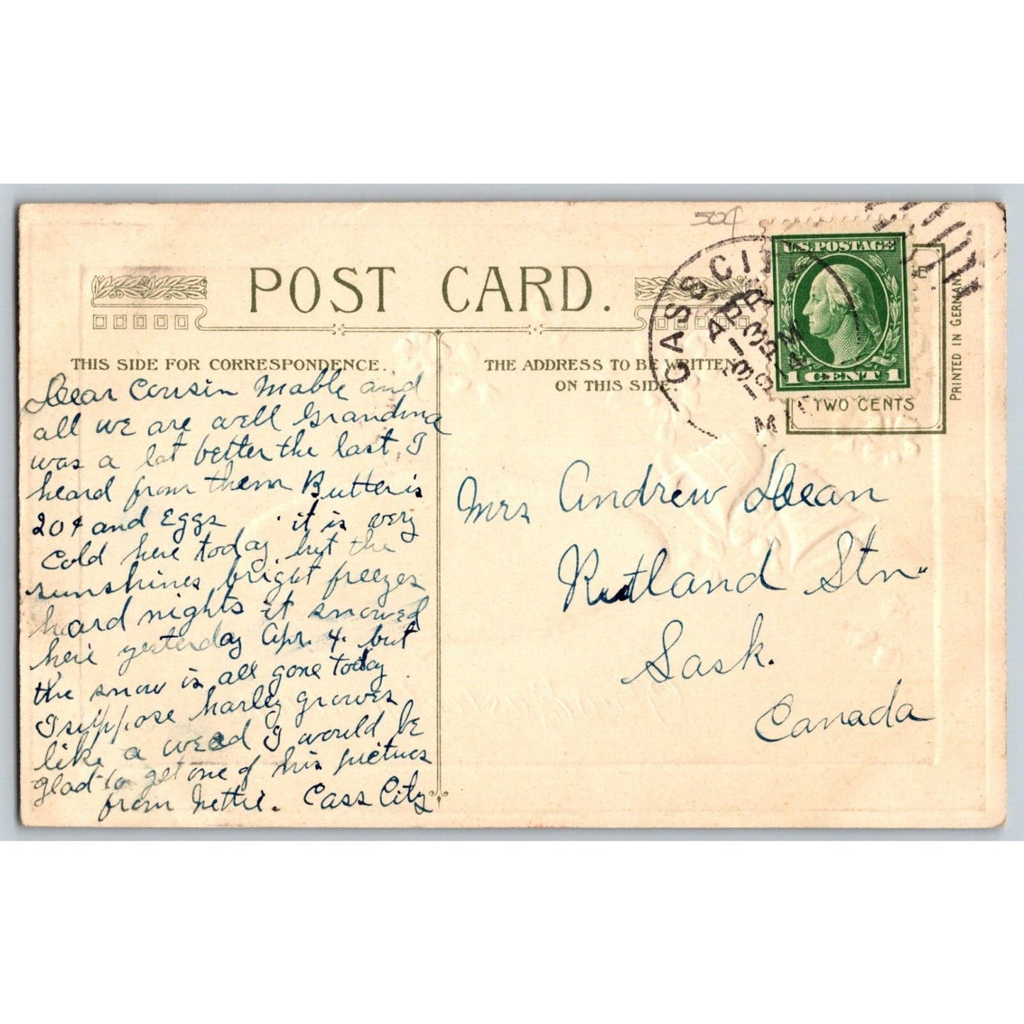Easter Postcard "Glad Easter Greetings" Outside Church / Bells Emb. PM 1913