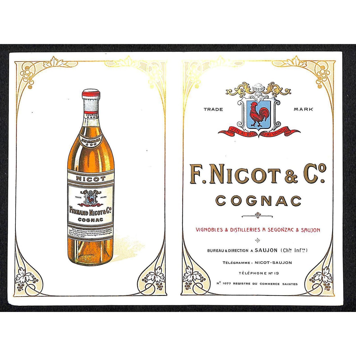 F. Nicot & Co. Cognac Paper Label NOS Scarce VGC