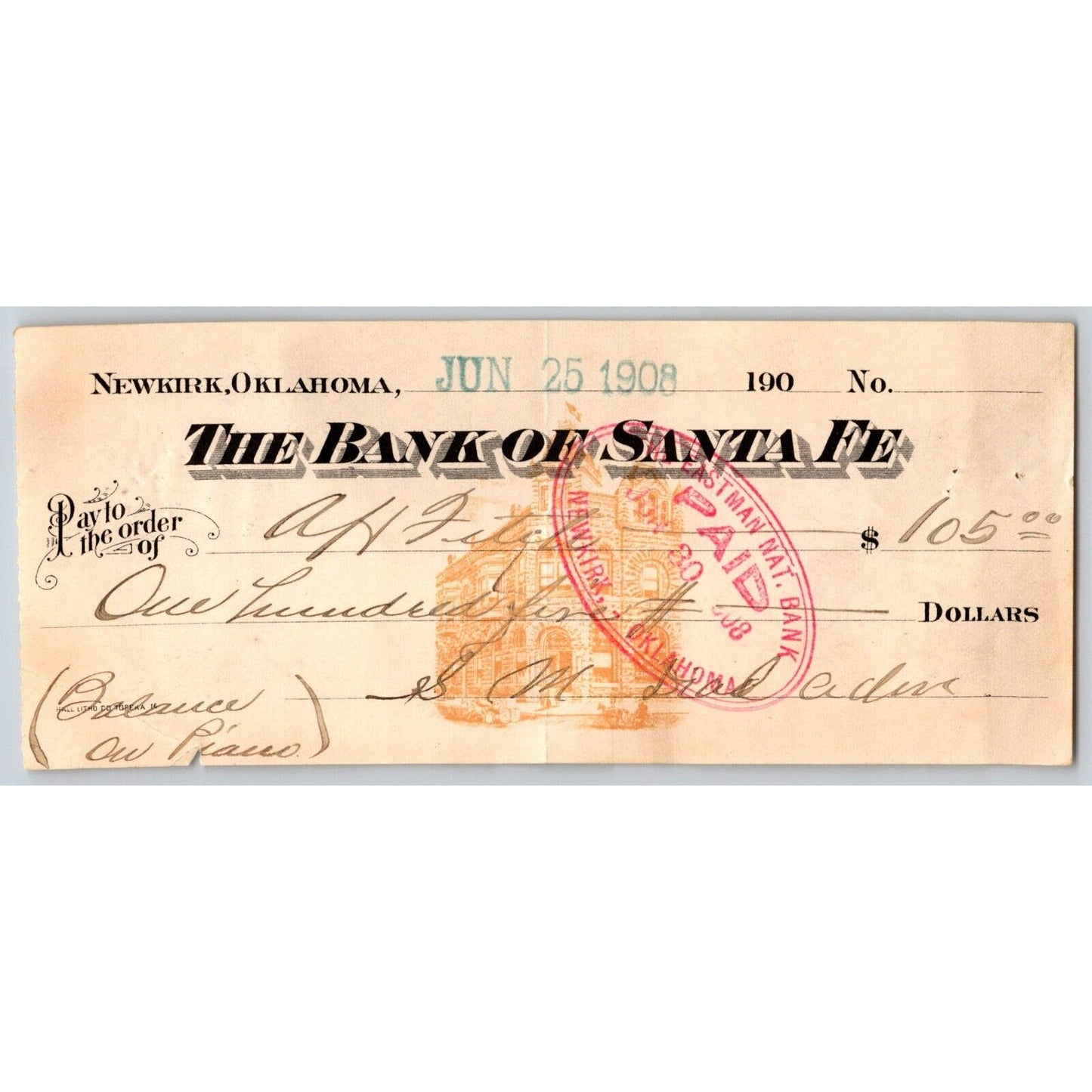 Newkirk, Oklahoma 1908 $105 "Bank of Santa Fe" Check - Scarce