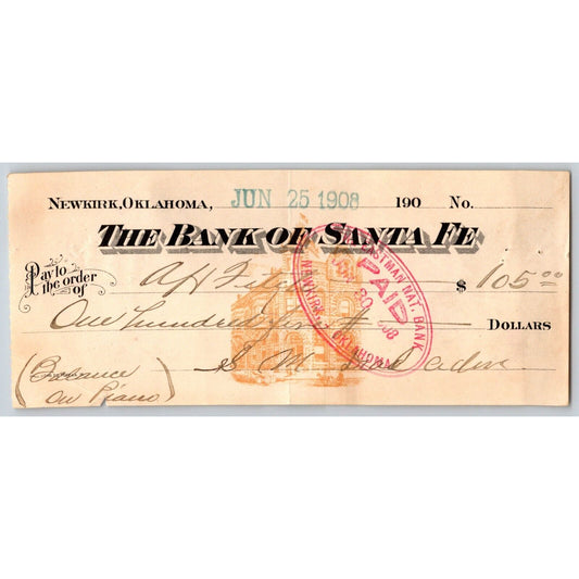 Newkirk, Oklahoma 1908 $105 "Bank of Santa Fe" Check - Scarce