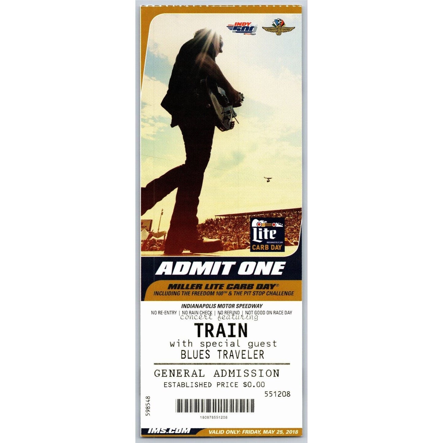 2018 Indy 500 Coors Carb Day 5/25 Train w/ Blues Traveler - Unused Ticket