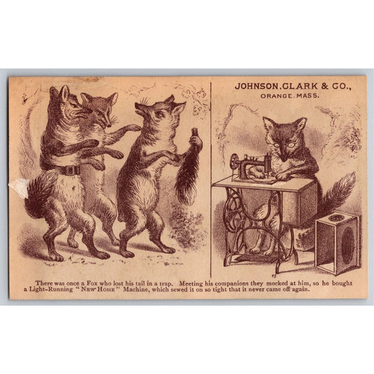 Fox Machine Sews Tails Back on Other Foxes - New Home Victorian Trade Card