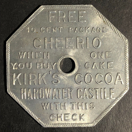 Kirk's Cocoa / Cheerio Alum Trade Token 37 x 37mm Hexagon c1927-30's
