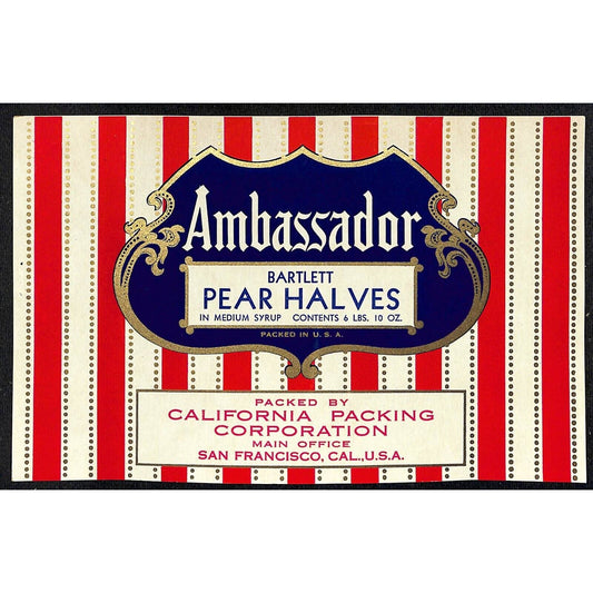 1940 Paper Can Label Ambassador Pear Halves California San Francisco 6 Lbs.