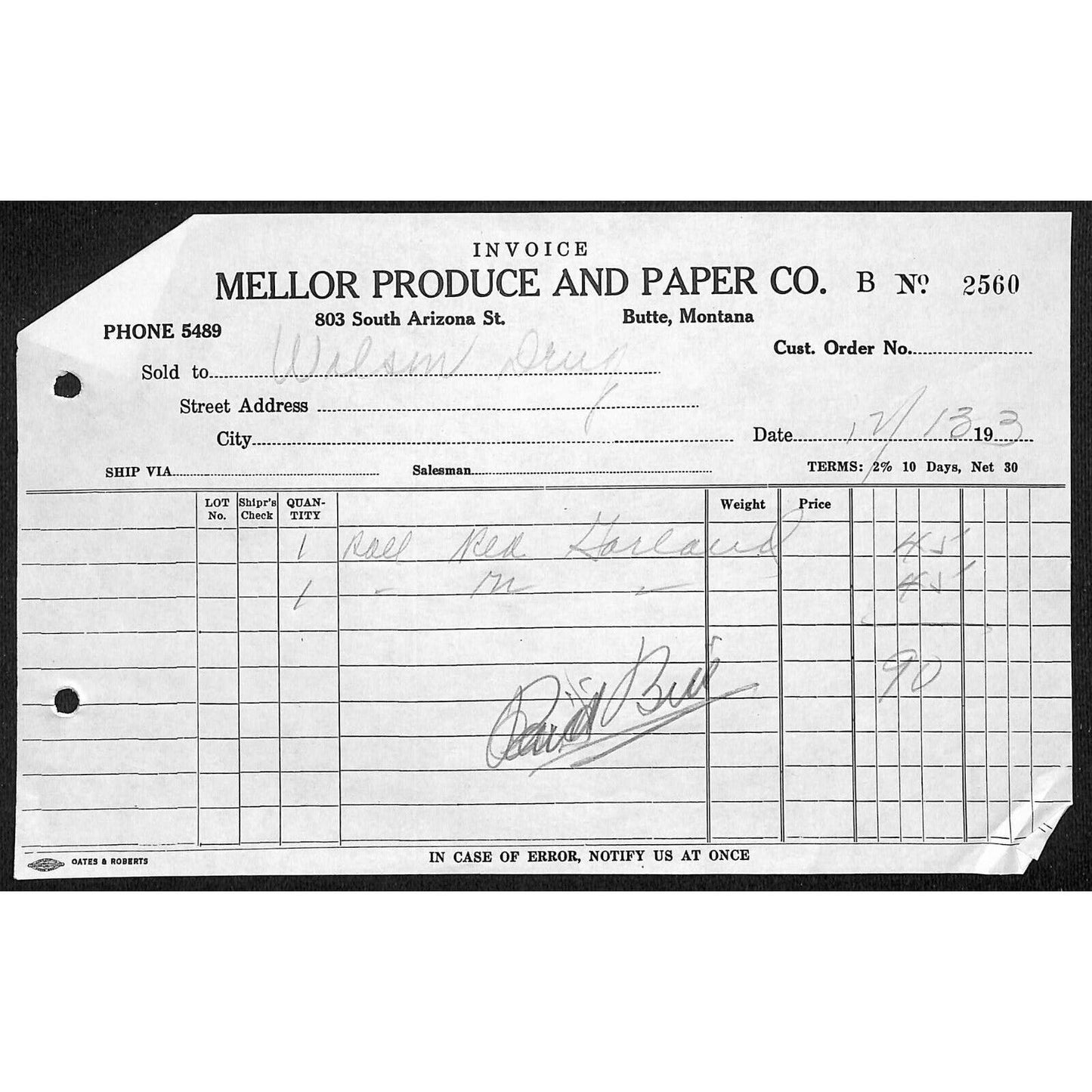 Mellor Produce & Paper Butte Montana 1933 Billhead Letterhead Wilson Drug