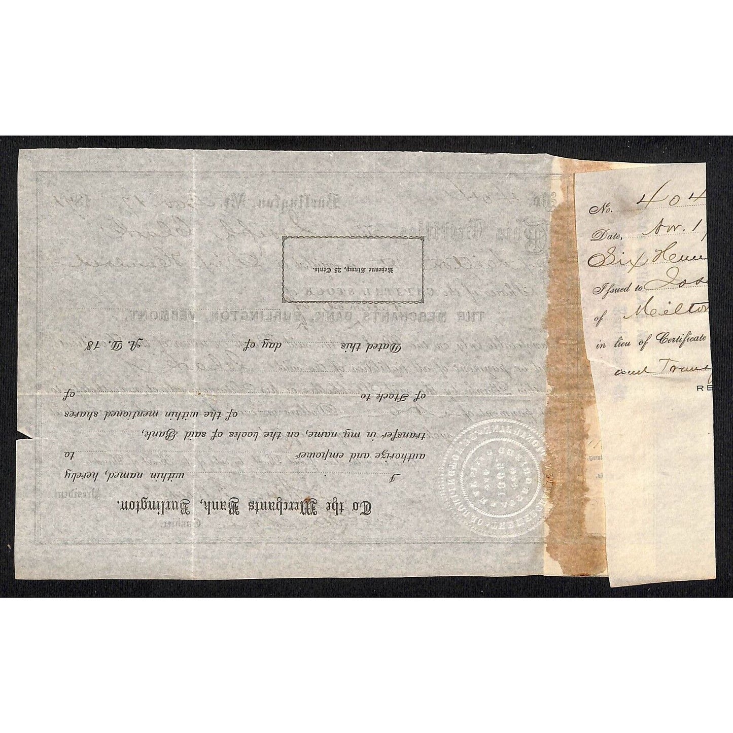 Merchants Bank Burlington, Vermont 1871 Stock Certificate Joseph Clark Scarce