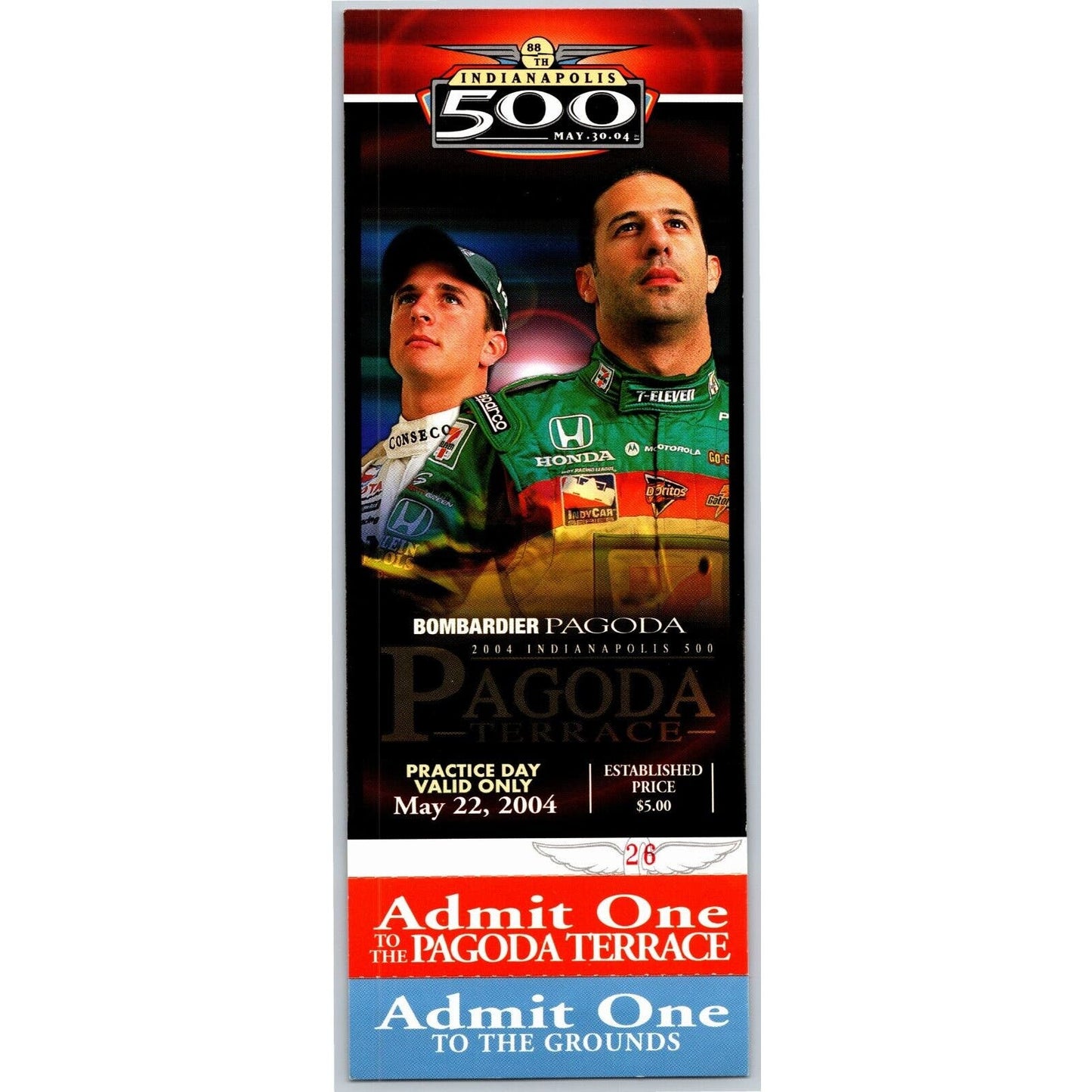 2004 Indy 500 Practice Day Bombardier Pagoda Terrace Unused Ticket IMS #26