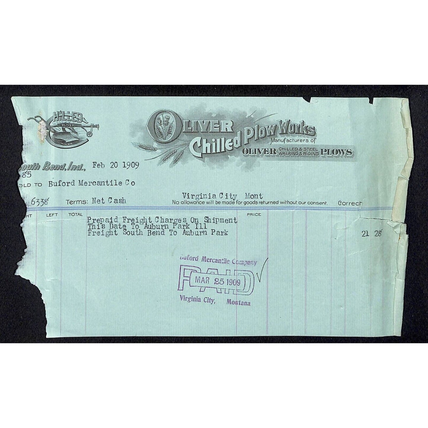 South Bend, IN Oliver Chilled Plow Works 1909 Billhead Walking Riding