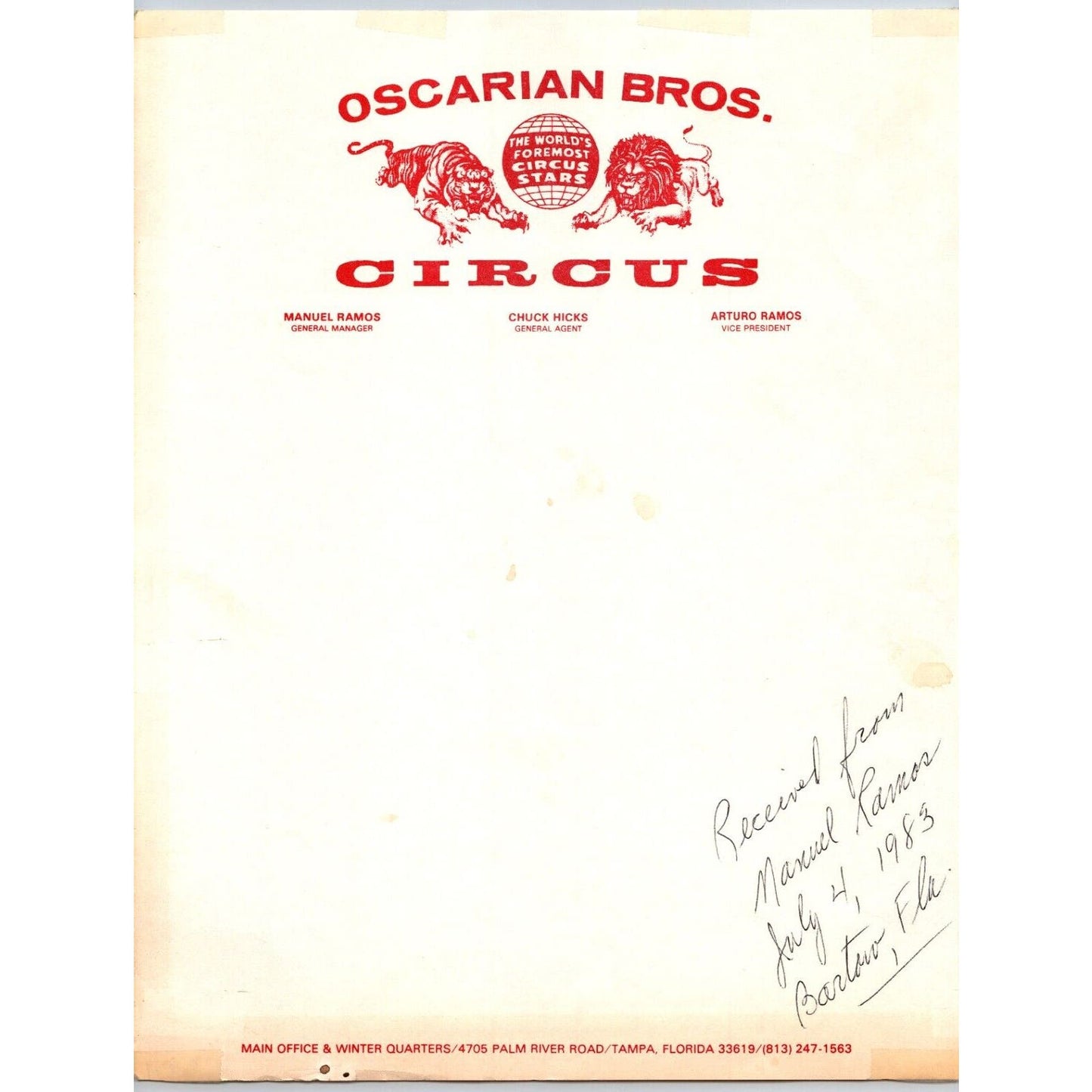Oscarian Bros. Circus Letterhead Manuel Ramos Lion Tiger c1983 Scarce