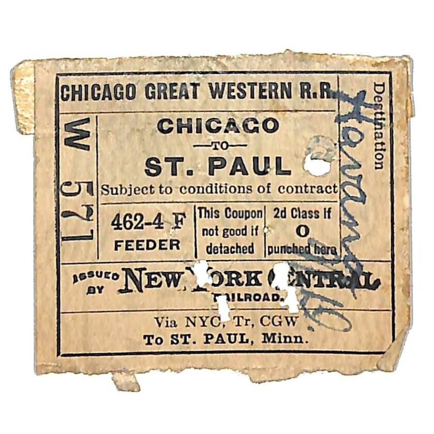 New York Central Railroad Ticket 1920 Chicago to St. Paul