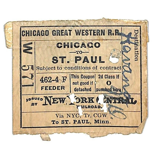 New York Central Railroad Ticket 1920 Chicago to St. Paul