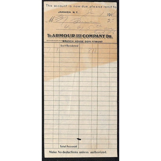 Jamaica, NY Armour and Company 1914 Billhead