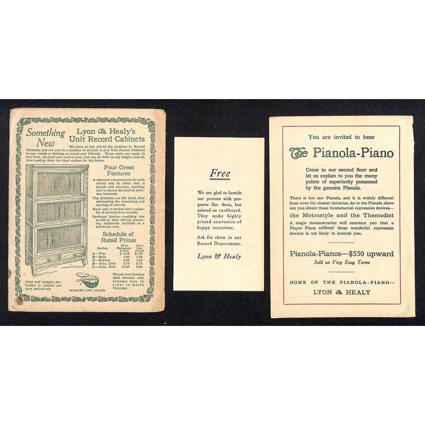 Lyon & Healy Chicago Postal Mailer Envelope w/ Victrola & Pianola Cards 1913
