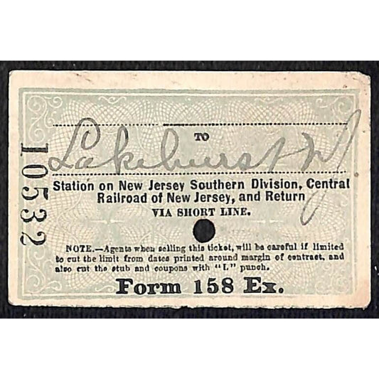 New York & Long Branch Railroad 1901 Ticket North Asbury Park Lakehurst #10532