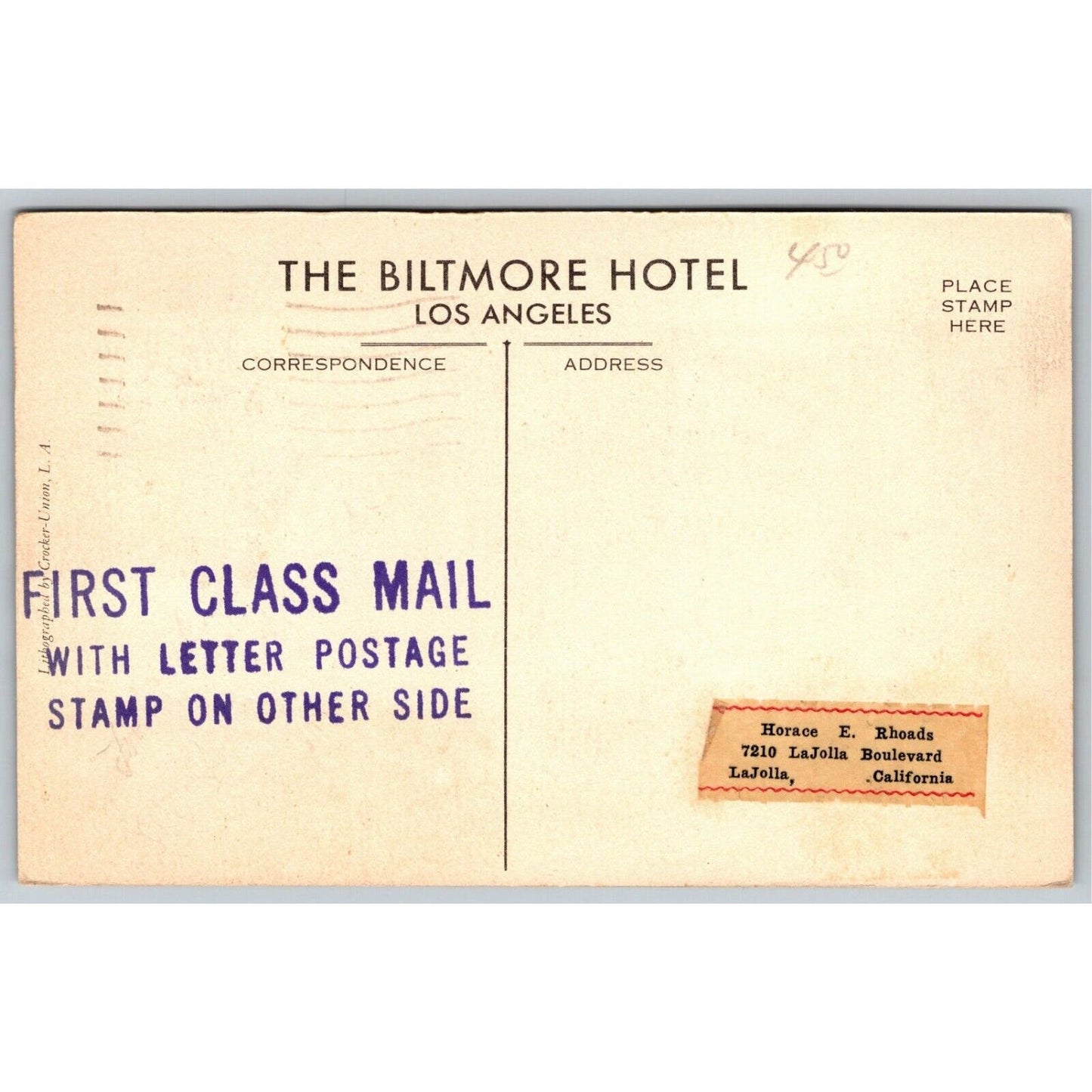 Biltmore Hotel Los Angeles, Cal. Postcard - Stamp & 1941 PM ON FRONT