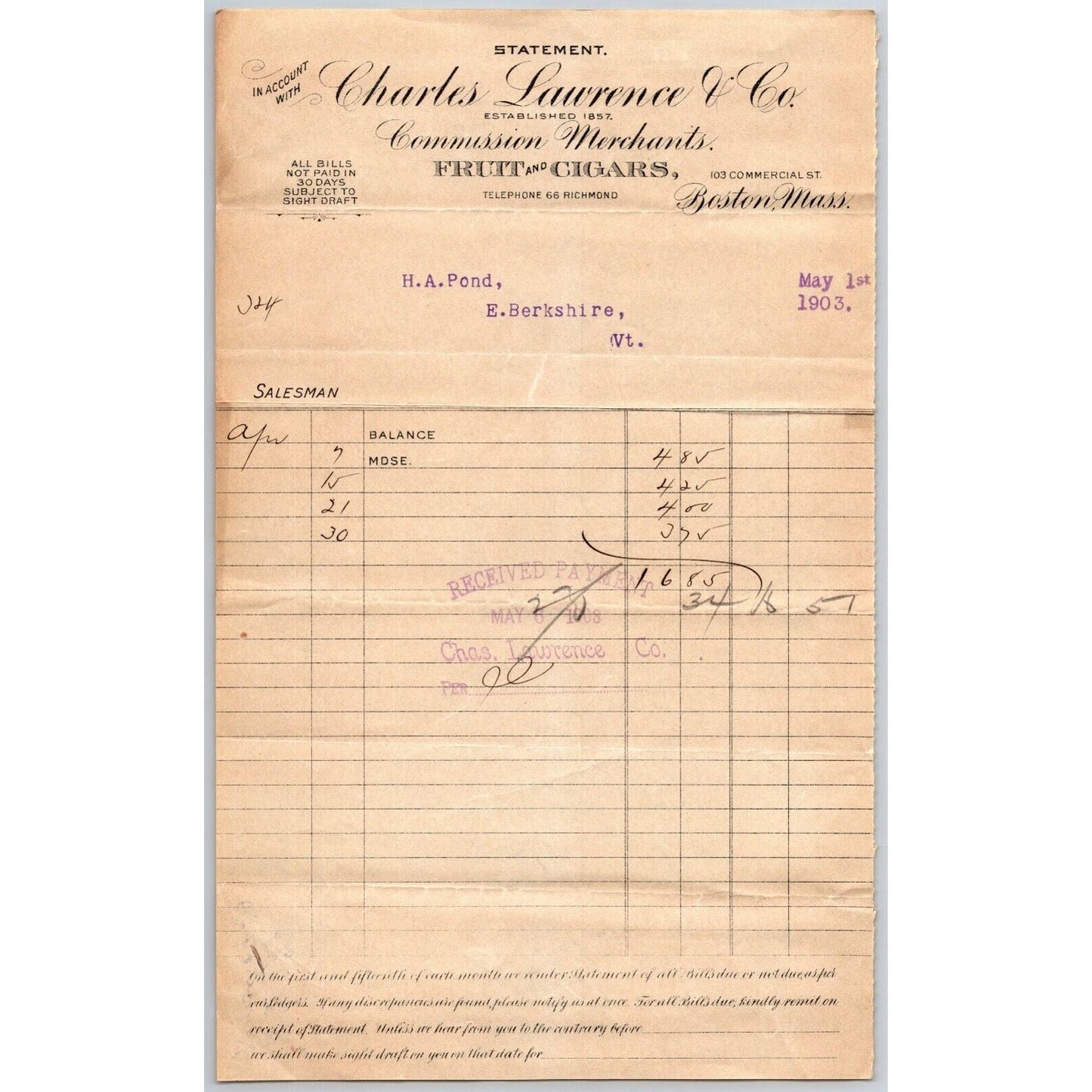 Boston, MA Charles Lawrence & Co. "Fruit & Cigars" 1903 Billhead Letterhead