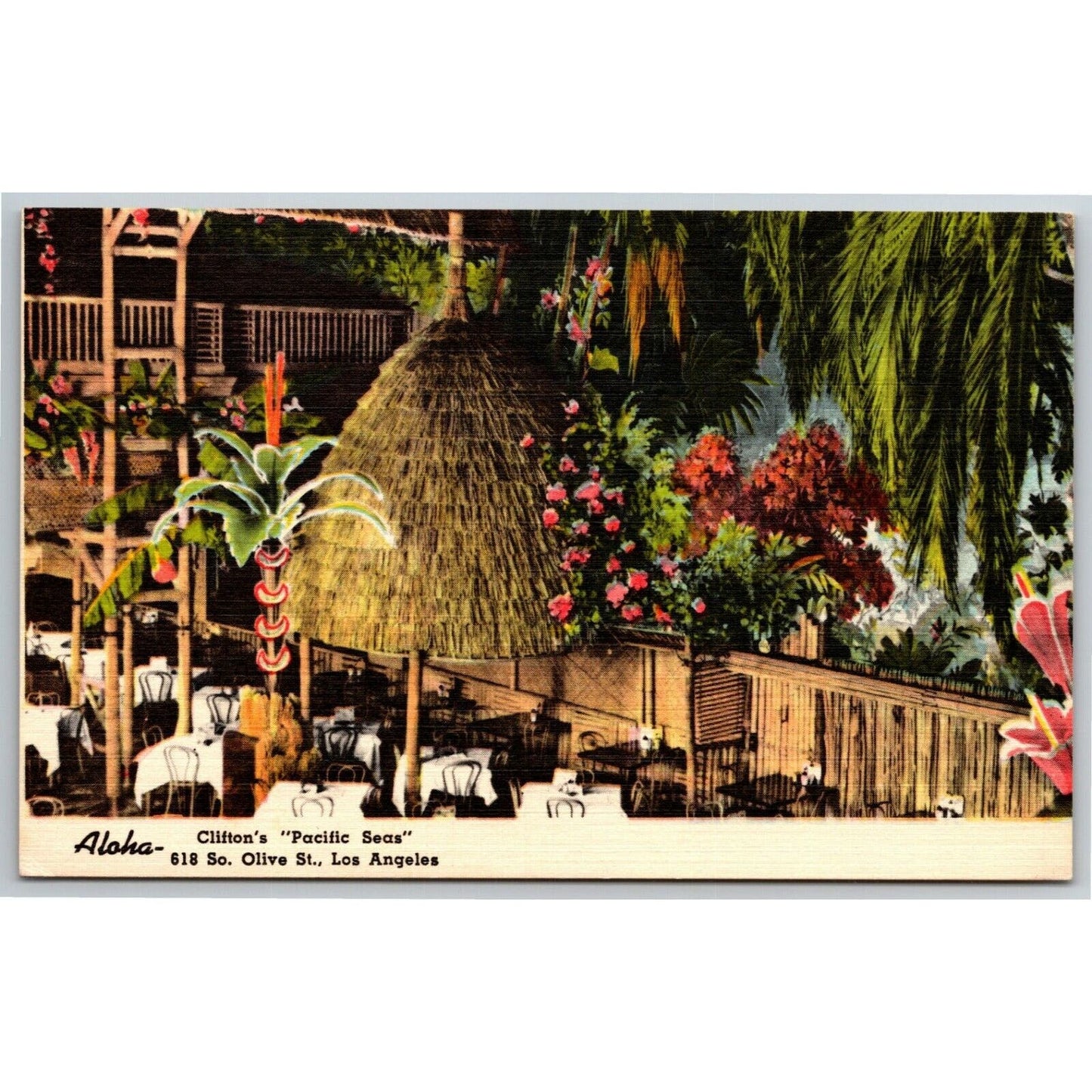 Scarce Linen Postcard Clifton's Pacific Seas Aloha Los Angeles VGC c1940's