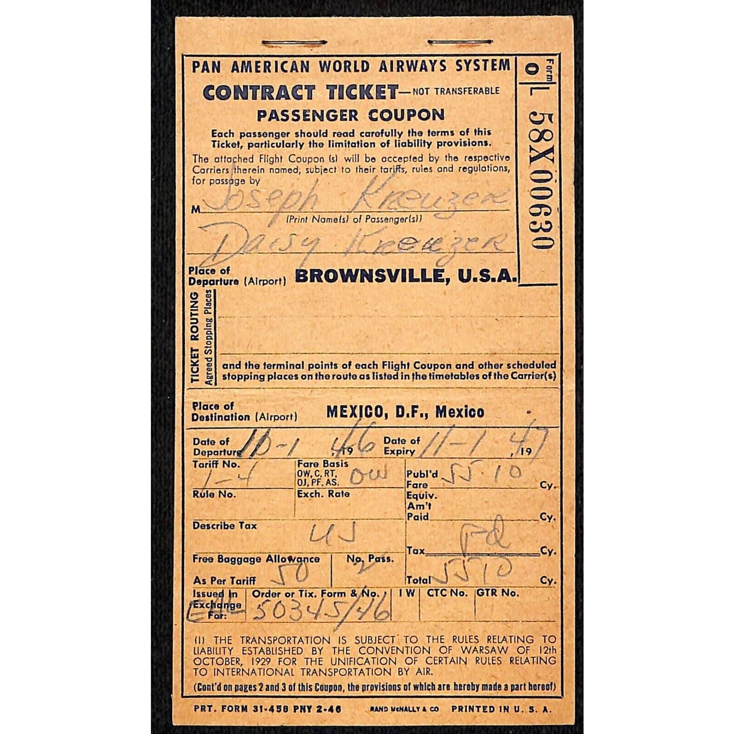 1946 Pan American World Airways System Ticket Brownsville Airport to Mexico #630