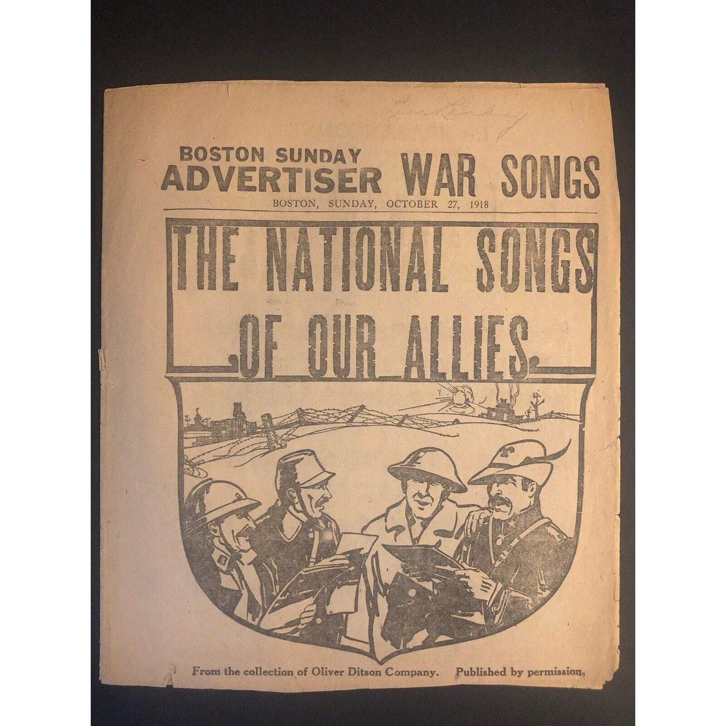 Vintage 1918 Boston Newspaper Sheet Music Insert "La Brabanconne"