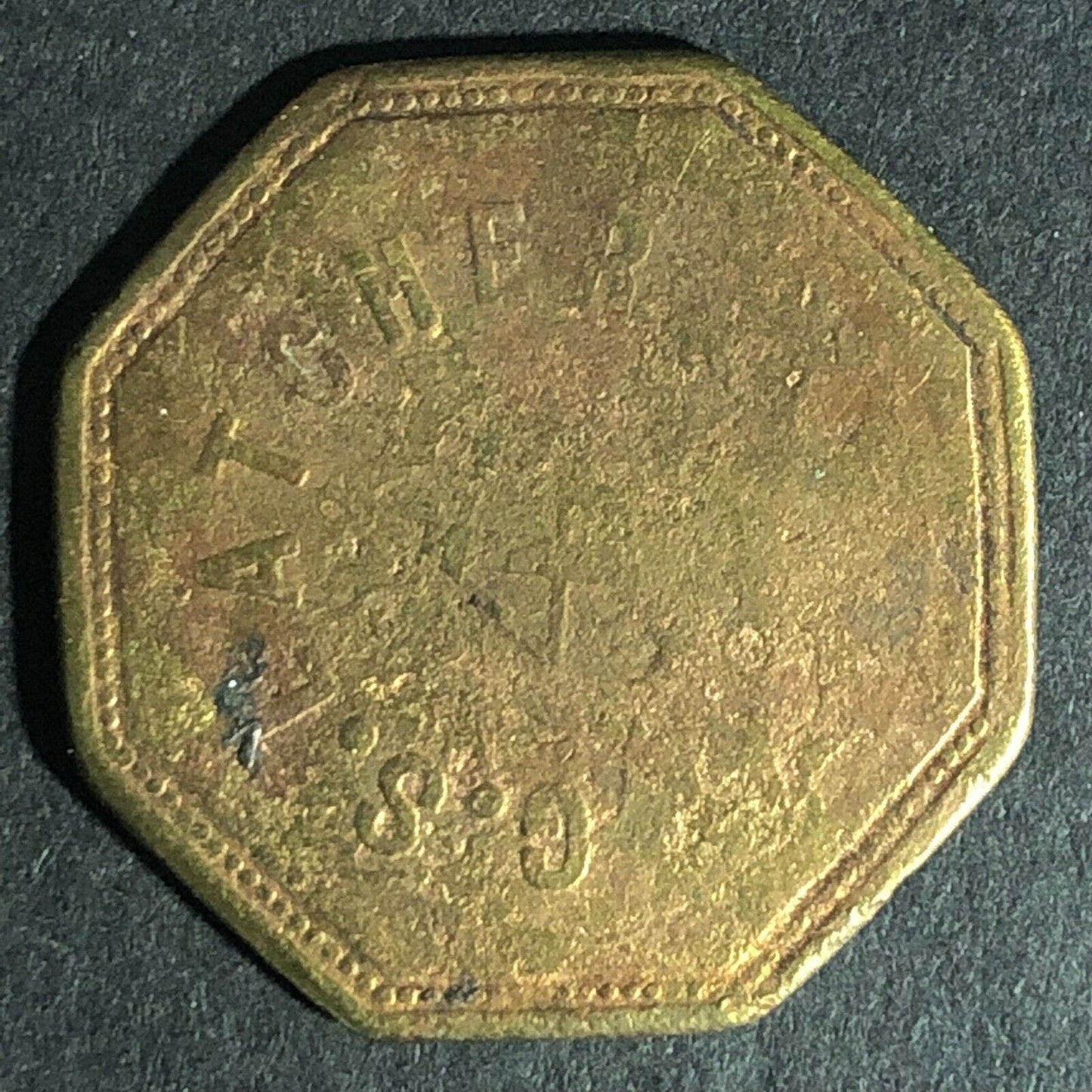 G.S. Latcher Saloon (should be Slatcher) "4" Brass Token 27mm c1888-92
