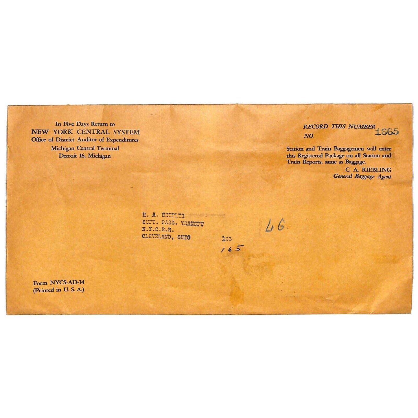 New York Central Railroad Heavy Duty "Auditor of Expenses" Envelope - Used
