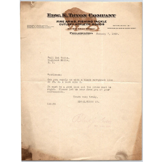 Edw. K. Tryon Company Philadelphia Fire Arms Fishing Tackle 1929 Letterhead
