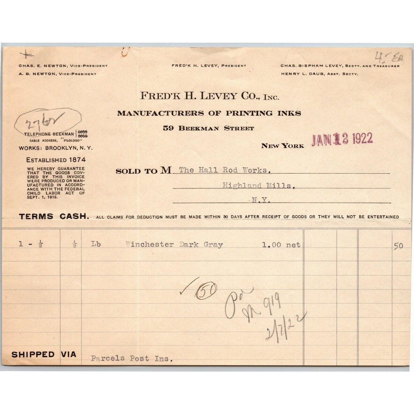 1922 NY, NY Letterhead Frederick H. Levey Co. Printing Inks Beekman St.