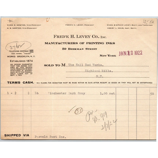 1922 NY, NY Letterhead Frederick H. Levey Co. Printing Inks Beekman St.