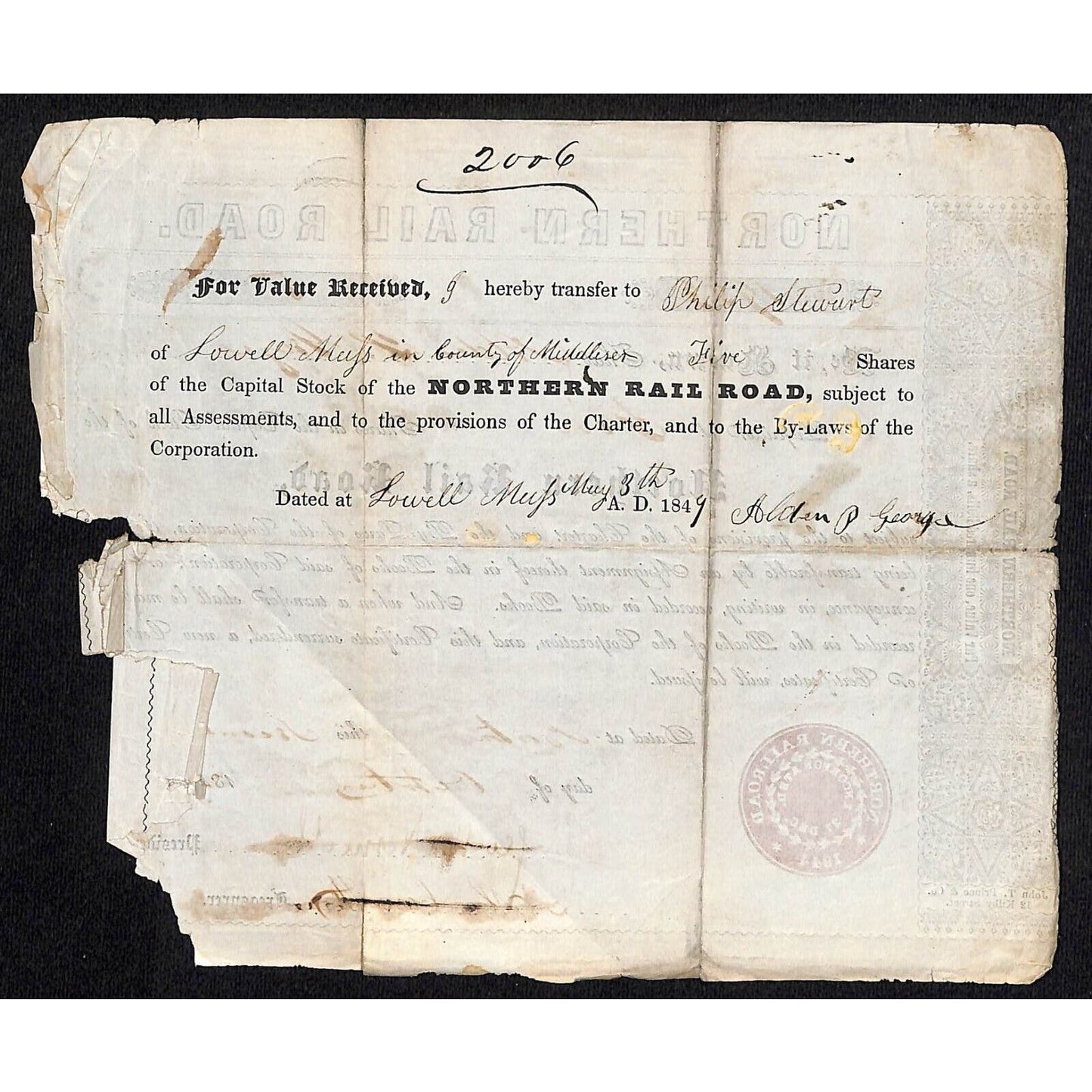 1847 Boston MA Northern Railroad Stock Certificate No. 1953 for 5 Shares