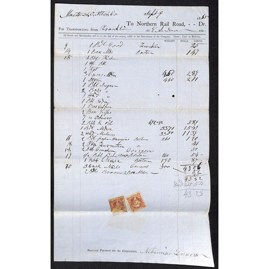 1865 Northern Rail Road Freight Way Bill for Many Dry Goods From Franklin Scarce