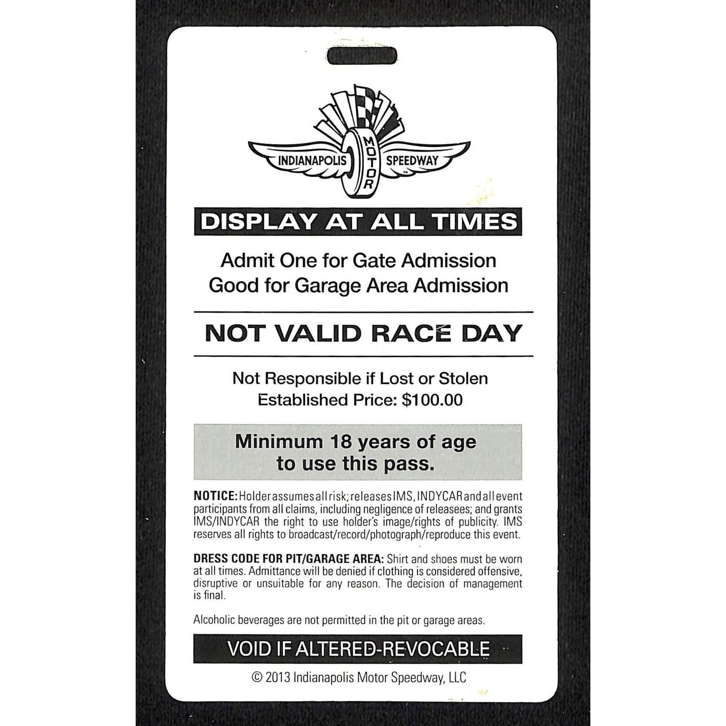 2013 Indy 500 Garage Access Ticket Pass Indianapolis IMS #5980 VGC