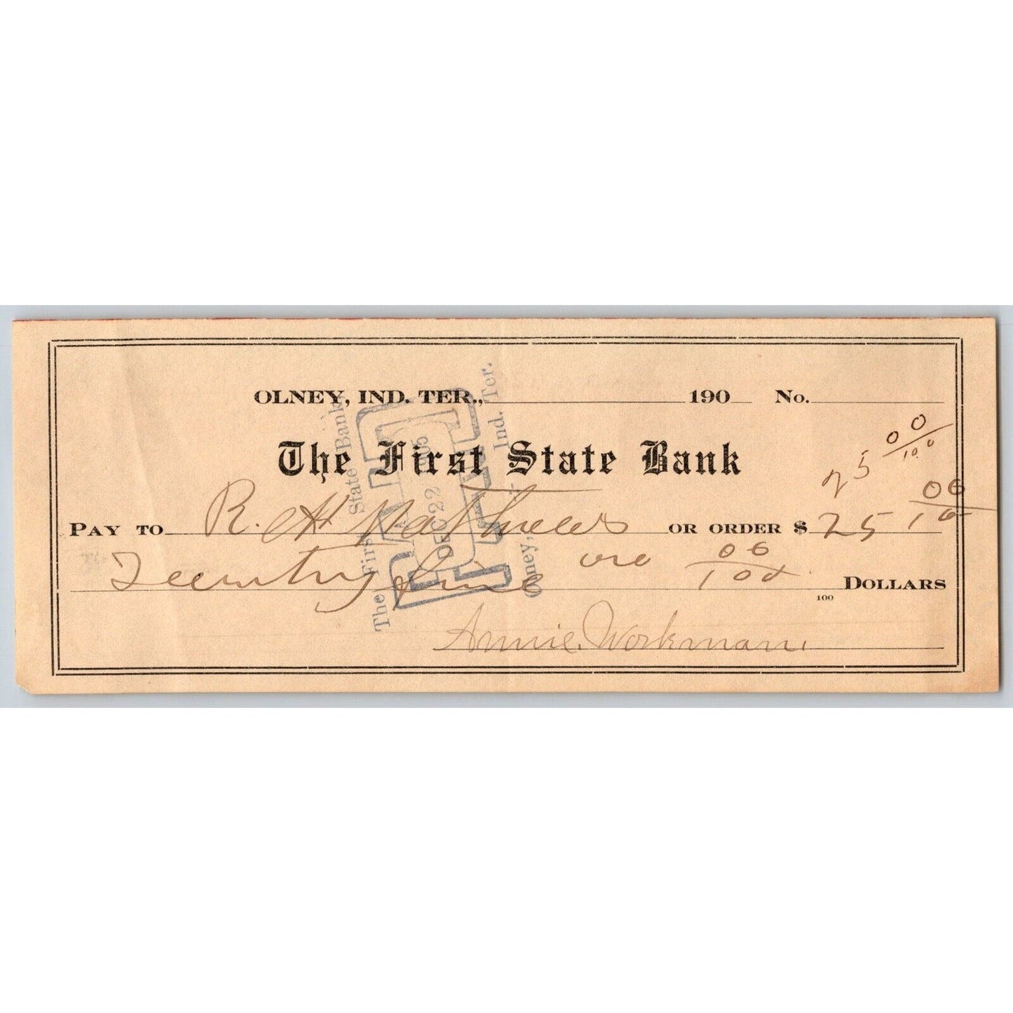Olney, Oklahoma Indian Territory 1905 First State Bank Check - Ghost Town