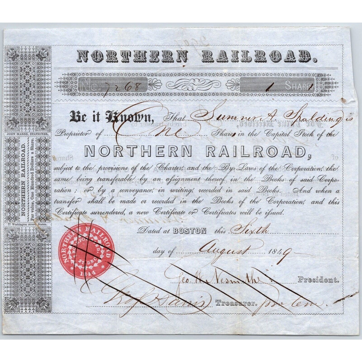 1849 Boston, MA Northern Railroad Stock Certificate No. 7268 for 1 Share